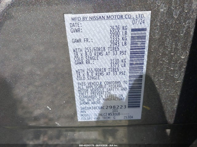 45293179 :رقم المزاد ، 5N1DR3BC6RC298223 vin ، 2024 Nissan Pathfinder Sv 4wd مزاد بيع