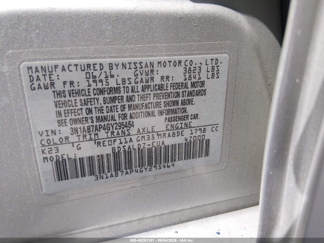 Aukcja sprzedaży 2016 Nissan Sentra Fe+ S/s/sl/sr/sv, vin: 3N1AB7AP4GY295464, numer aukcji: 45293181