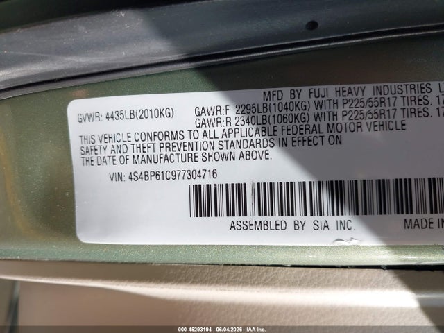 2007 Subaru Outback 2.5i მანქანა იყიდება აუქციონზე, vin: 4S4BP61C977304716, აუქციონის ნომერი: 45293194