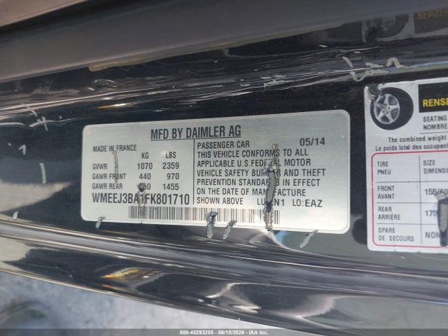 45293205 :رقم المزاد ، WMEEJ3BA1FK801710 vin ، 2015 Smart Fortwo Pure مزاد بيع