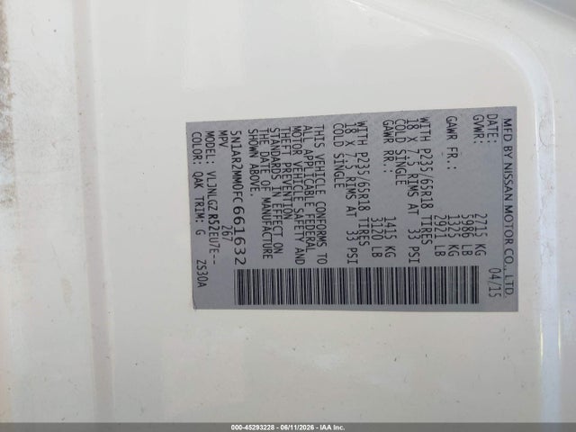 Aukcja sprzedaży 2015 Nissan Pathfinder Sl, vin: 5N1AR2MM0FC661632, numer aukcji: 45293228