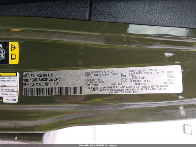 Aukcja sprzedaży 2021 Jeep Gladiator Sport S 4x4, vin: 1C6HJTAG3ML575346, numer aukcji: 45293236