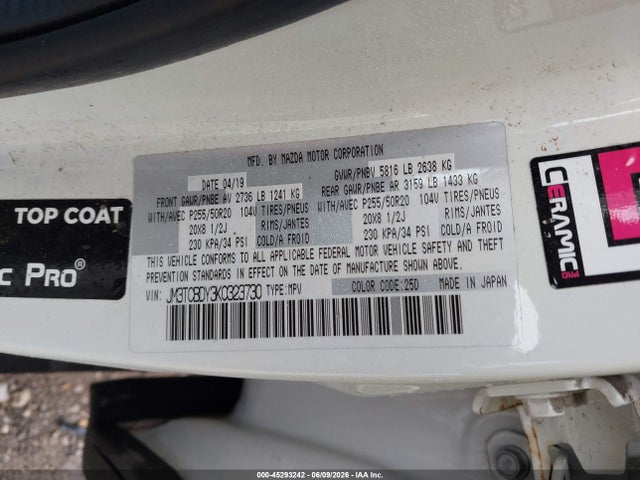 Aukcja sprzedaży 2019 Mazda Cx-9 Grand Touring, vin: JM3TCBDY3K0323730, numer aukcji: 45293242