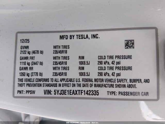 Aukcja sprzedaży 2026 Tesla Model 3 Premium Rear-wheel Drive/rear-wheel Drive, vin: 5YJ3E1EAXTF142335, numer aukcji: 45293246