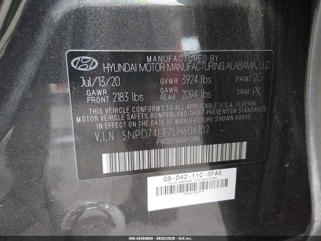 Aukcja sprzedaży 2020 Hyundai Elantra Se, vin: 5NPD74LF7LH606102, numer aukcji: 45293260