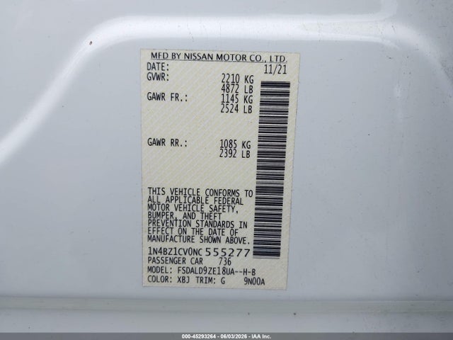 Aukcja sprzedaży 2022 Nissan Leaf Sv Plus 62 Kwh, vin: 1N4BZ1CV0NC555277, numer aukcji: 45293264