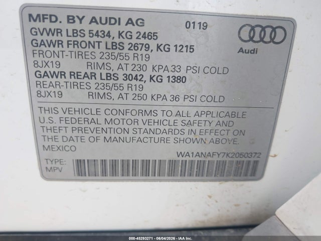 Продаж на аукціоні авто 2019 Audi Q5 45 Premium, vin: WA1ANAFY7K2050372, номер лоту: 45293271