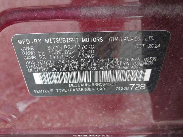 Продаж на аукціоні авто 2024 Mitsubishi Mirage Es/le, vin: ML32AUHJ5RH034530, номер лоту: 45293276