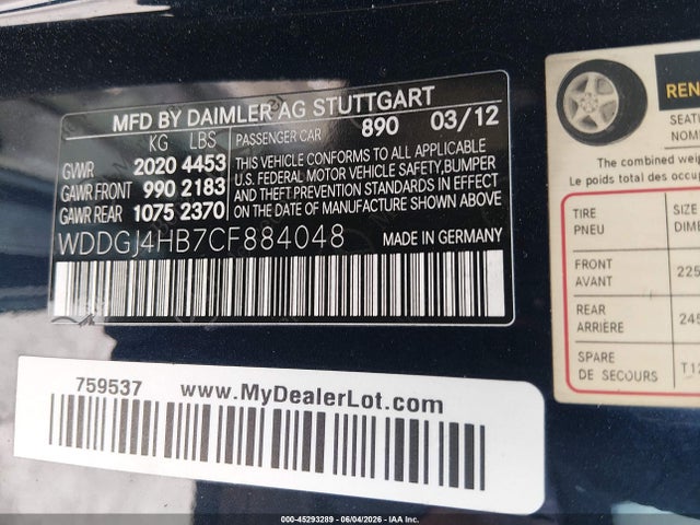 Aukcja sprzedaży 2012 Mercedes-benz C 250, vin: WDDGJ4HB7CF884048, numer aukcji: 45293289