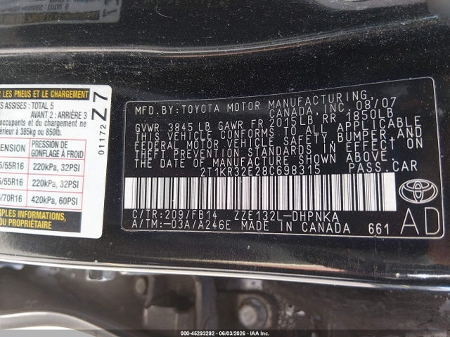Aukcja sprzedaży 2008 Toyota Matrix Xr, vin: 2T1KR32E28C698315, numer aukcji: 45293292