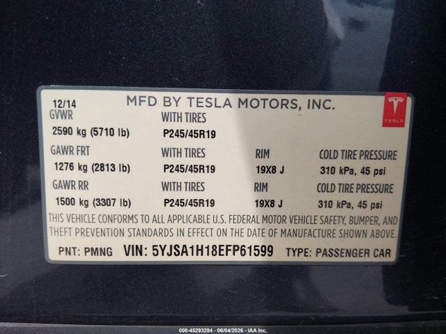 Продажа на аукционе авто 2014 Tesla Model S P85, vin: 5YJSA1H18EFP61599, номер лота: 45293294