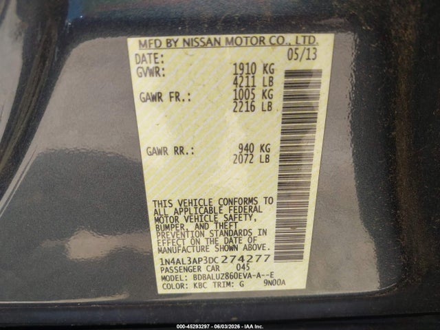 Продаж на аукціоні авто 2013 Nissan Altima 2.5 Sv, vin: 1N4AL3AP3DC274277, номер лоту: 45293297