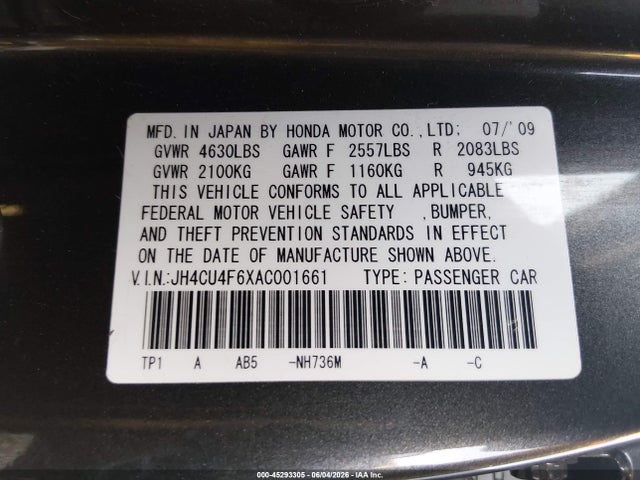 2010 Acura Tsx 3.5 მანქანა იყიდება აუქციონზე, vin: JH4CU4F6XAC001661, აუქციონის ნომერი: 45293305