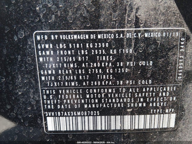 3VV1B7AX3KM087025 Volkswagen Tiguan 2.0t S