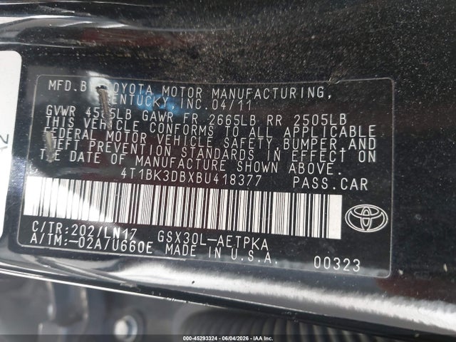 Aukcja sprzedaży 2011 Toyota Avalon Limited, vin: 4T1BK3DBXBU418377, numer aukcji: 45293324