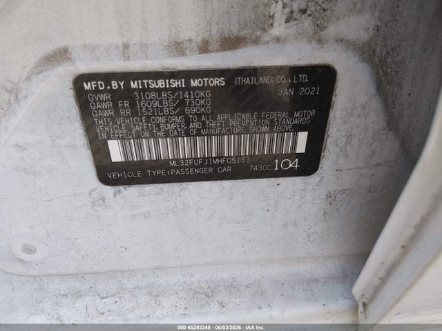 2021 Mitsubishi Mirage G4 Carbonite Edition/es/le მანქანა იყიდება აუქციონზე, vin: ML32FUFJ1MHF05153, აუქციონის ნომერი: 45293348