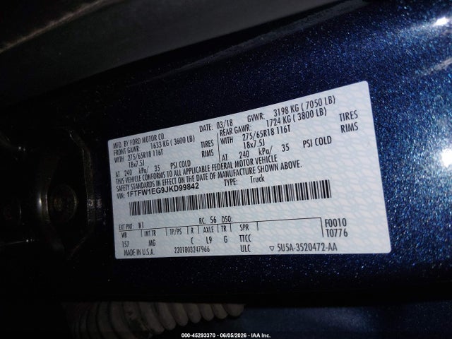 2018 Ford F150 Supercrew მანქანა იყიდება აუქციონზე, vin: 1FTFW1EG9JKD99842, აუქციონის ნომერი: 45293370
