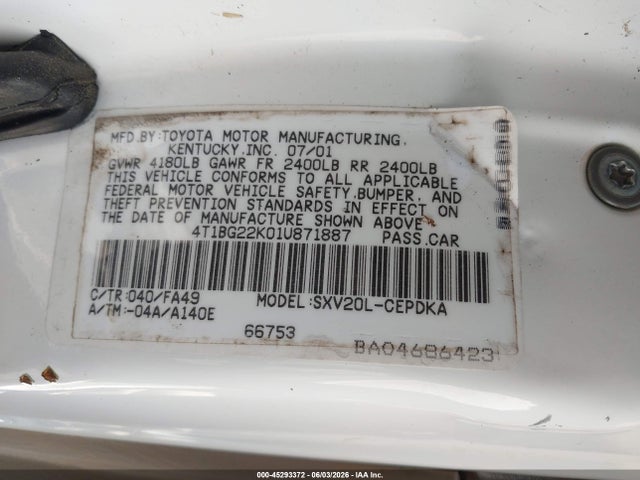 Aukcja sprzedaży 2001 Toyota Camry Ce, vin: 4T1BG22K01U871887, numer aukcji: 45293372