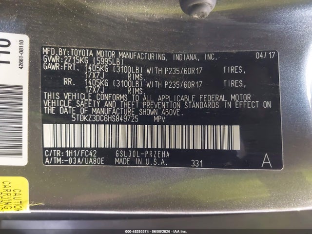 5TDKZ3DC6HS849725 Toyota Sienna Le 8 Passenger