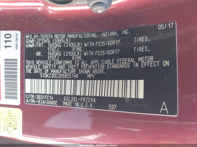 45293383 :رقم المزاد ، 5TDKZ3DC2HS855148 vin ، 2017 Toyota Sienna Le 8 Passenger مزاد بيع