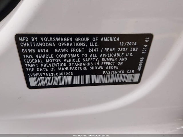 1VWBV7A33FC051203 Volkswagen Passat 2.0l Tdi Se