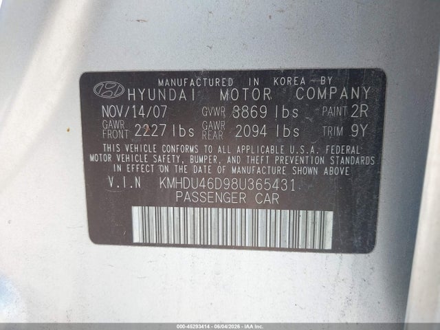 Aukcja sprzedaży 2008 Hyundai Elantra Gls/se, vin: KMHDU46D98U365431, numer aukcji: 45293414
