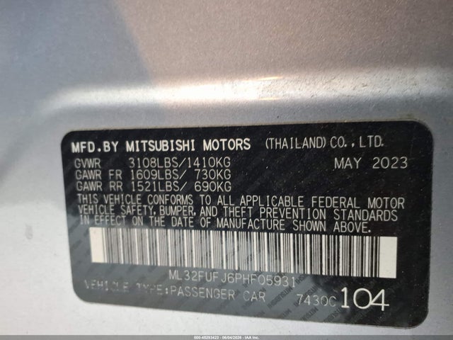 Продаж на аукціоні авто 2023 Mitsubishi Mirage G4 Black Edition/es/le, vin: ML32FUFJ6PHF05931, номер лоту: 45293423