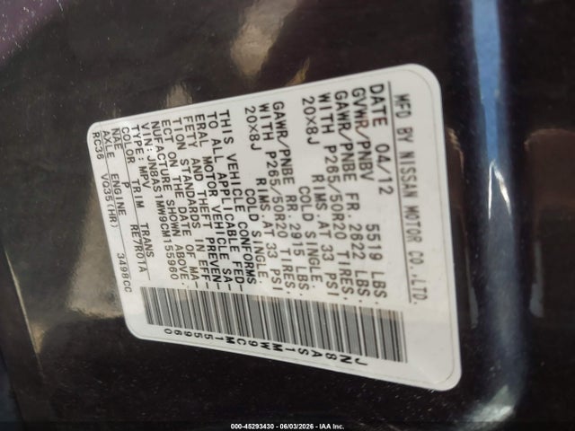 Aukcja sprzedaży 2012 Infiniti Fx35, vin: JN8AS1MW9CM155960, numer aukcji: 45293430