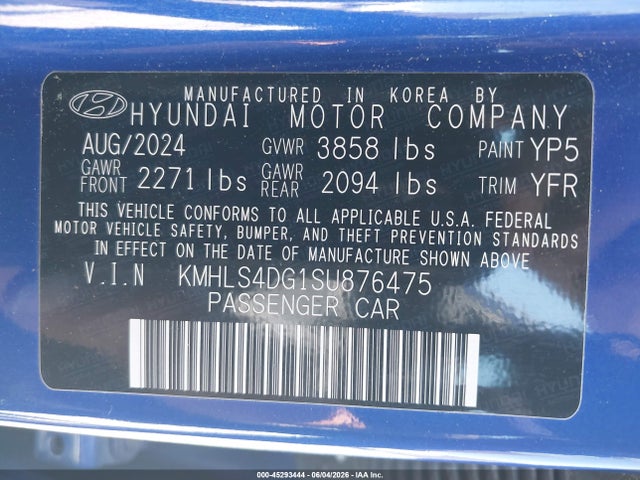 Aukcja sprzedaży 2025 Hyundai Elantra Sel Convenience, vin: KMHLS4DG1SU876475, numer aukcji: 45293444