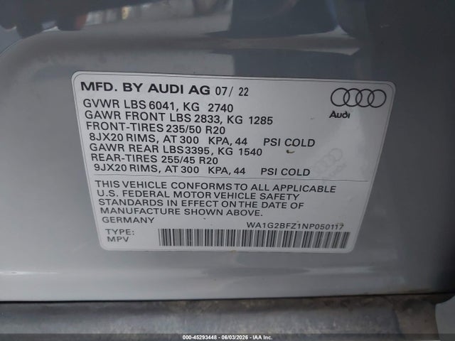 45293448 :رقم المزاد ، WA1G2BFZ1NP050117 vin ، 2022 Audi Q4 E-tron Premium 50 Quattro مزاد بيع