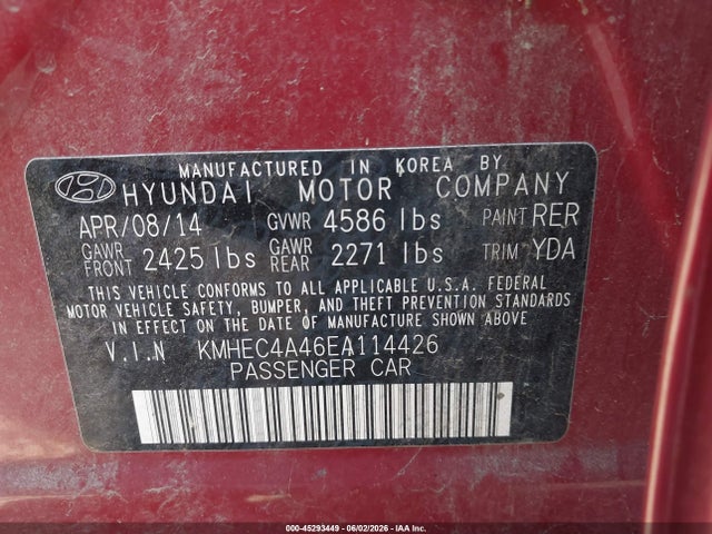 Aukcja sprzedaży 2014 Hyundai Sonata Hybrid, vin: KMHEC4A46EA114426, numer aukcji: 45293449