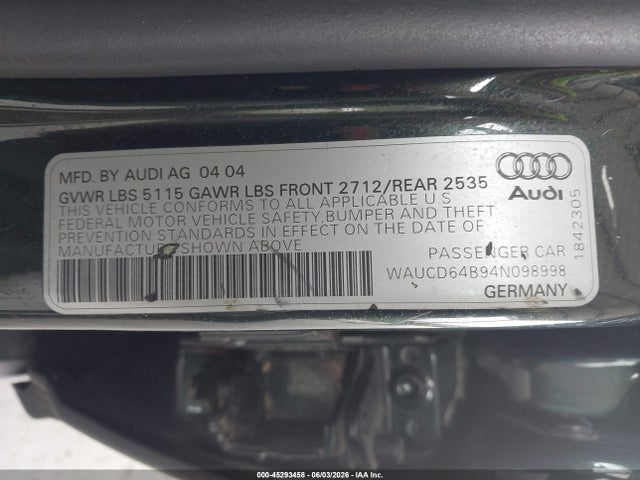 45293458 :رقم المزاد ، WAUCD64B94N098998 vin ، 2004 Audi A6 2.7t S-line مزاد بيع