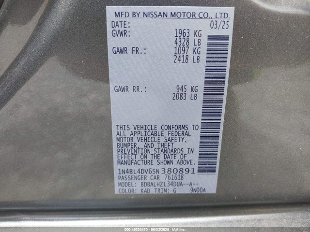 2025 Nissan Altima Sv Fwd მანქანა იყიდება აუქციონზე, vin: 1N4BL4DV6SN380891, აუქციონის ნომერი: 45293470