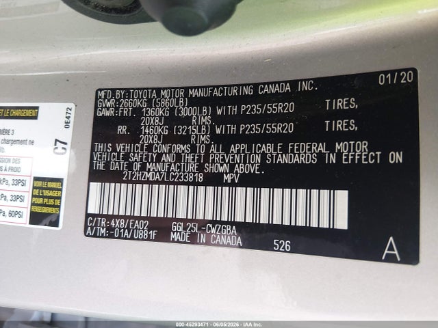 45293471 :رقم المزاد ، 2T2HZMDA7LC233818 vin ، 2020 Lexus Rx 350 مزاد بيع