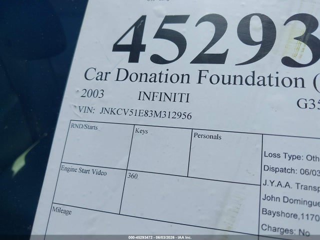 Aukcja sprzedaży 2003 Infiniti G35 Luxury Leather, vin: JNKCV51E83M312956, numer aukcji: 45293472
