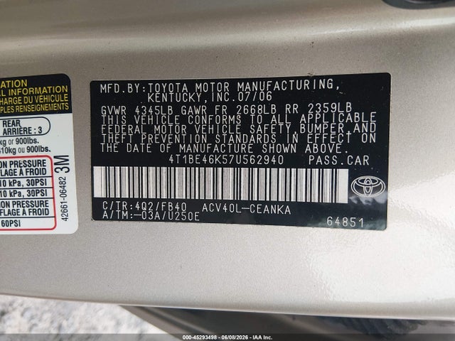 Продаж на аукціоні авто 2007 Toyota Camry Le, vin: 4T1BE46K57U562940, номер лоту: 45293498