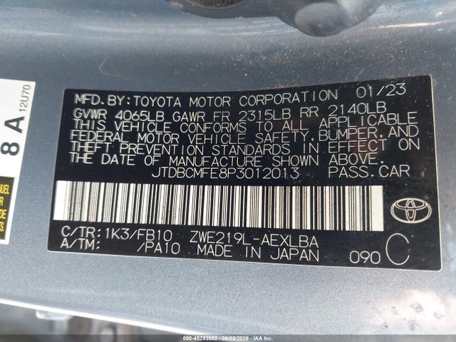 Aukcja sprzedaży 2023 Toyota Corolla Hybrid Le, vin: JTDBCMFE8P3012013, numer aukcji: 45293502