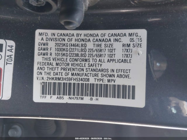 2015 Honda Cr-v Ex მანქანა იყიდება აუქციონზე, vin: 2HKRM3H59FH534008, აუქციონის ნომერი: 45293528