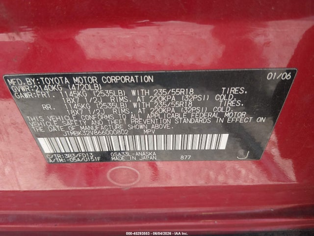 2006 Toyota Rav4 Sport V6 მანქანა იყიდება აუქციონზე, vin: JTMBK32V866000802, აუქციონის ნომერი: 45293553