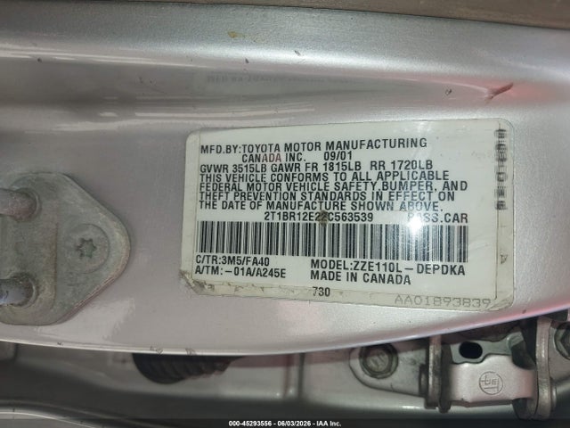Продаж на аукціоні авто 2002 Toyota Corolla Le, vin: 2T1BR12E22C563539, номер лоту: 45293556