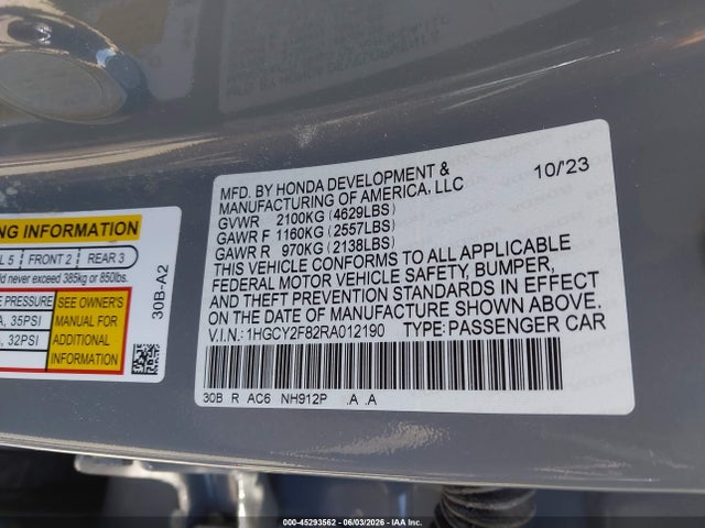 1HGCY2F82RA012190 Honda Accord Hybrid Touring