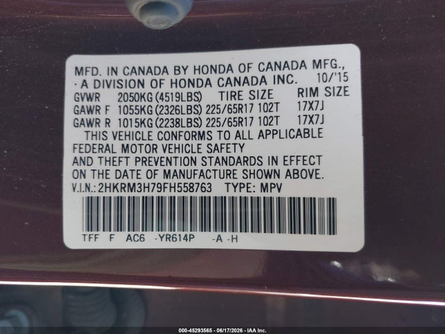2015 Honda Cr-v Ex-l მანქანა იყიდება აუქციონზე, vin: 2HKRM3H79FH558763, აუქციონის ნომერი: 45293565