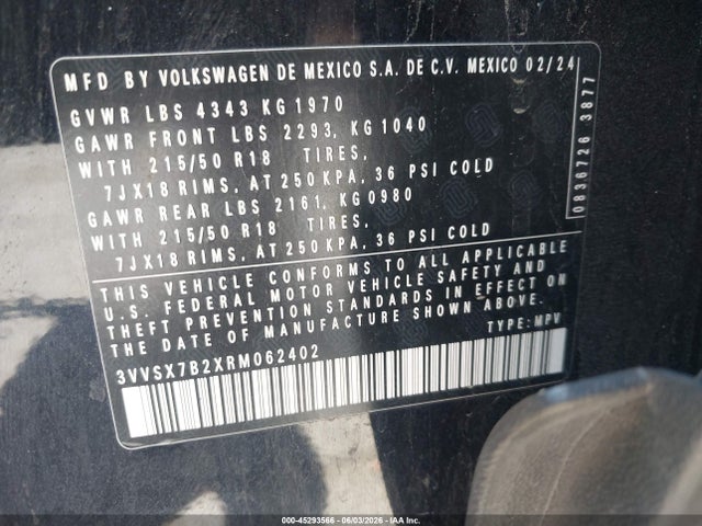 3VVSX7B2XRM062402 Volkswagen Taos 1.5t Se