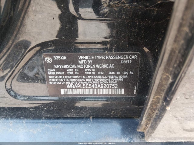 Auction sale of the 2011 Bmw 335i Xdrive, vin: WBAPL5C54BA920752, lot number: 45293568