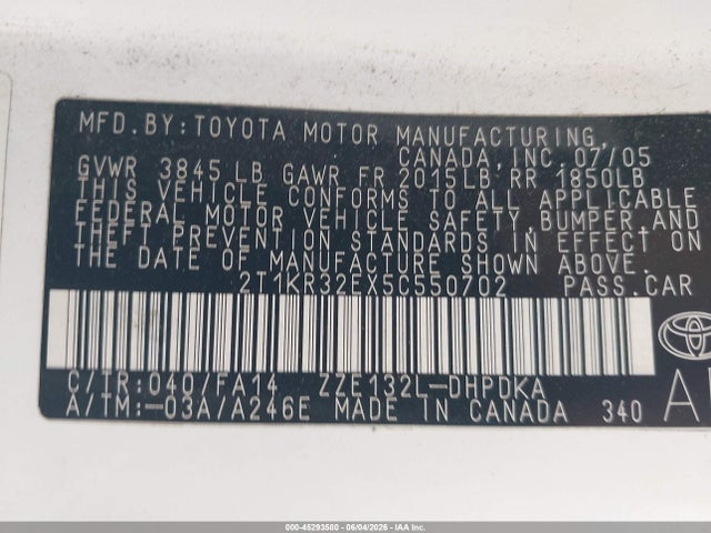 45293580 :رقم المزاد ، 2T1KR32EX5C550702 vin ، 2005 Toyota Matrix مزاد بيع