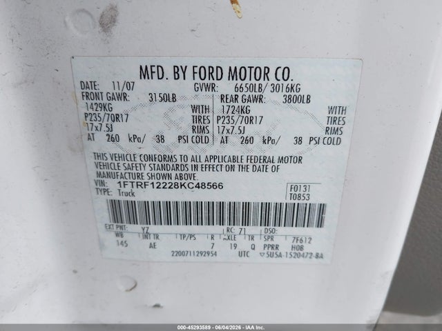 45293589 :رقم المزاد ، 1FTRF12228KC48566 vin ، 2008 Ford F-150 Stx/xl/xlt مزاد بيع