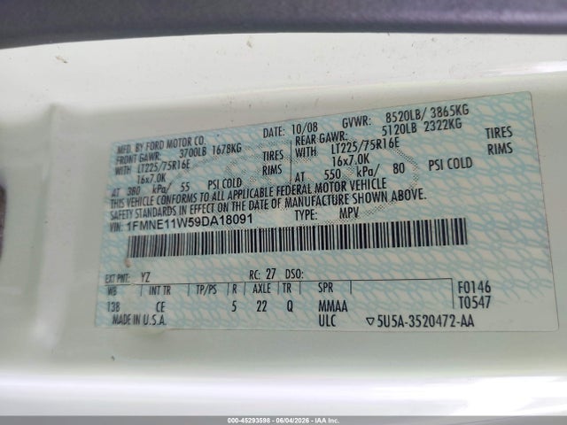 Aukcja sprzedaży 2009 Ford E-150 Xl/xlt, vin: 1FMNE11W59DA18091, numer aukcji: 45293598