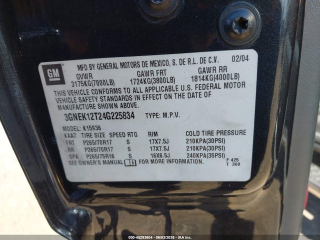 Auction sale of the 2004 Chevrolet Avalanche 1500, vin: 3GNEK12T24G225834, lot number: 45293604