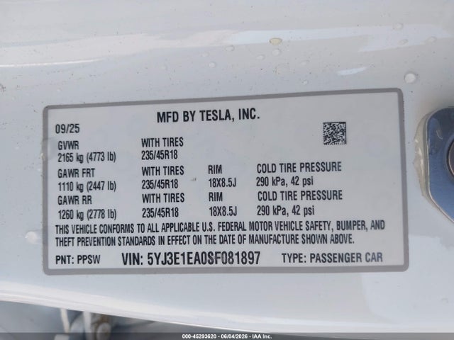 45293620 :رقم المزاد ، 5YJ3E1EA0SF081897 vin ، 2025 Tesla Model 3 Long Range Rear-wheel Drive/standard Rear-wheel Drive مزاد بيع