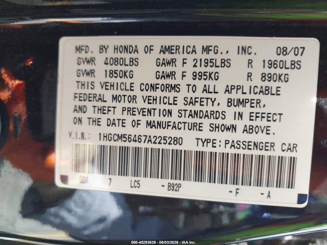 2007 Honda Accord 2.4 Lx მანქანა იყიდება აუქციონზე, vin: 1HGCM56467A225280, აუქციონის ნომერი: 45293639